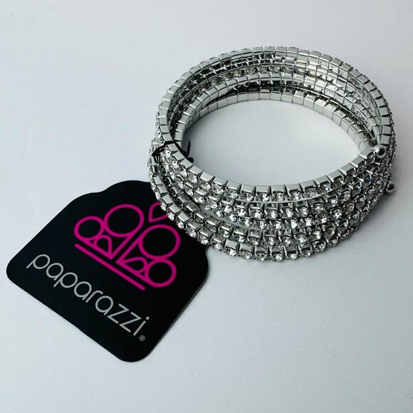 Paparazzi Silver Rhinestone Coil Wrap Bracelet – Multi-Row Sparkle Stretch Cuff - Picture 2 of 2